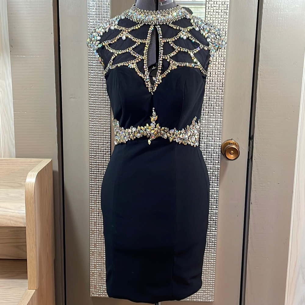 Angela and Alison Black  Mandarin Neck Blinged out Mini size 2 backless & hook😎